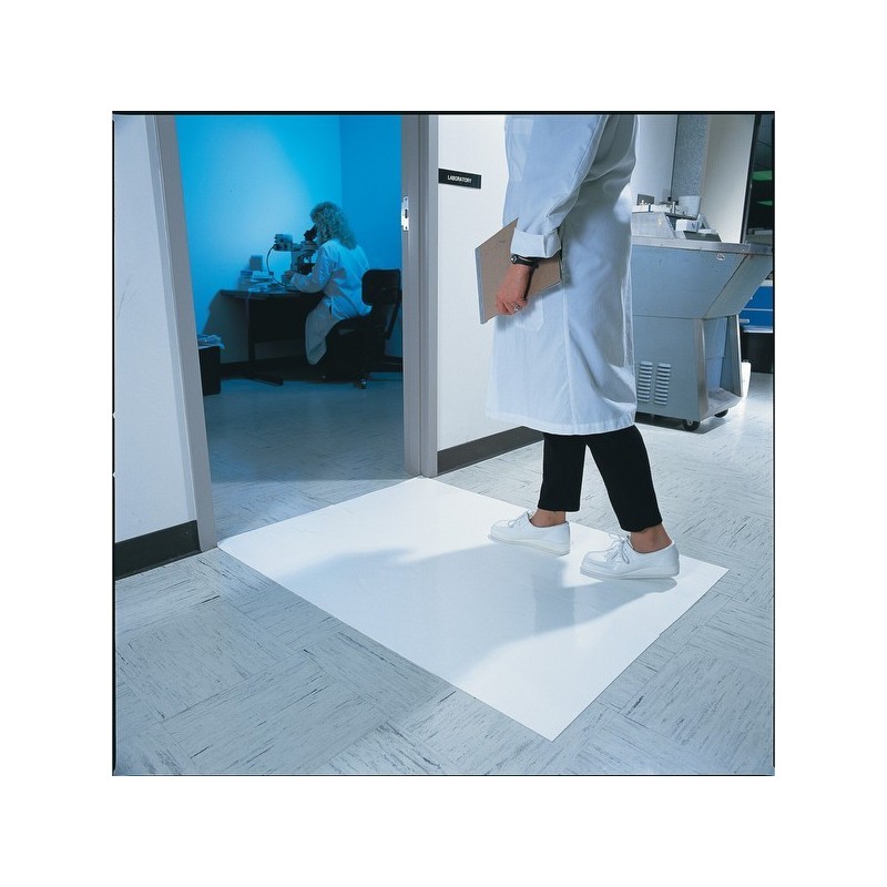 White tacky mat with 120 polyethylene disposable tacky sheets. Cleans shoe soles. 18"x 45”. 4 x 30 sheets.