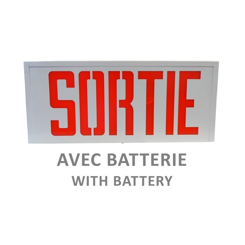 Emergency exit sign in French (“Sortie”), 120V with battery, certified CSA. Steel casing, simple or double face.