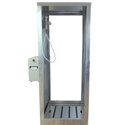 Portable aluminium decontamination shower for asbestos abatement workers (34 x 30 x 83 inches).