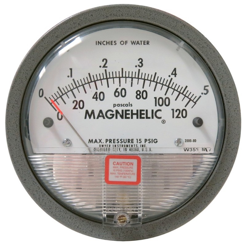 Magnehelic pressure gauge with scale from 0 to 0.5 inches of water (0 to 120 Pa), to indicate differential pressure
