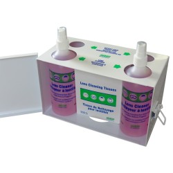 Lens cleaning station with cleaning tissues and lens solution.