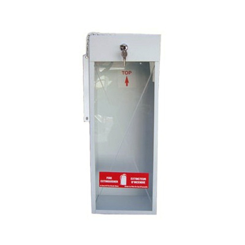 Surface-mounted steel cabinet for 5 lbs powder extinguishers.