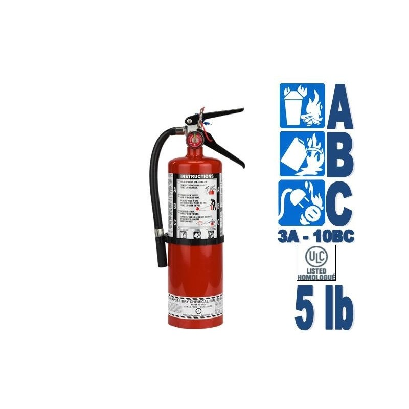 Portable fire extinguisher with powder, 5 lbs, type ABC, ULC 3A-40BC, with wall hook.