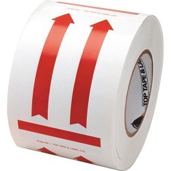 Label "DIRECTIONAL ARROW RED" 4 in x 6 in, roll  of 500. Allow to indicate the direction to move the box during shipping.