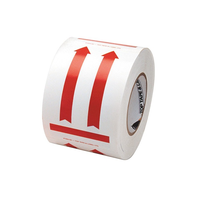 Label "DIRECTIONAL ARROW RED" 4 in x 6 in, roll  of 500. Allow to indicate the direction to move the box during shipping.