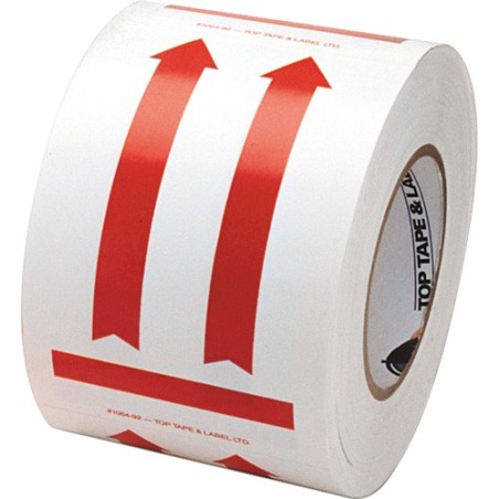 Label "DIRECTIONAL ARROW RED" 4 in x 6 in, roll  of 500. Allow to indicate the direction to move the box during shipping.