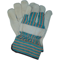 Cowhide work gloves with cotton backing, lining and wide rubberized cuffs.