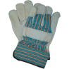 Cowhide work gloves with cotton backing, lining and wide rubberized cuffs.