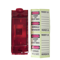 Locking device for electrical switch. Prevents use of an electrical switch during lockout procedure.