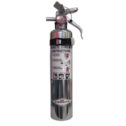 Portable fire extinguisher with powder, chromed, 2.5 lbs type ABC, ULC 1A-10BC, with vehicle hook.