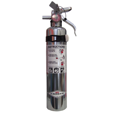 Portable fire extinguisher with powder, chromed, 2.5 lbs type ABC, ULC 1A-10BC, with vehicle hook.