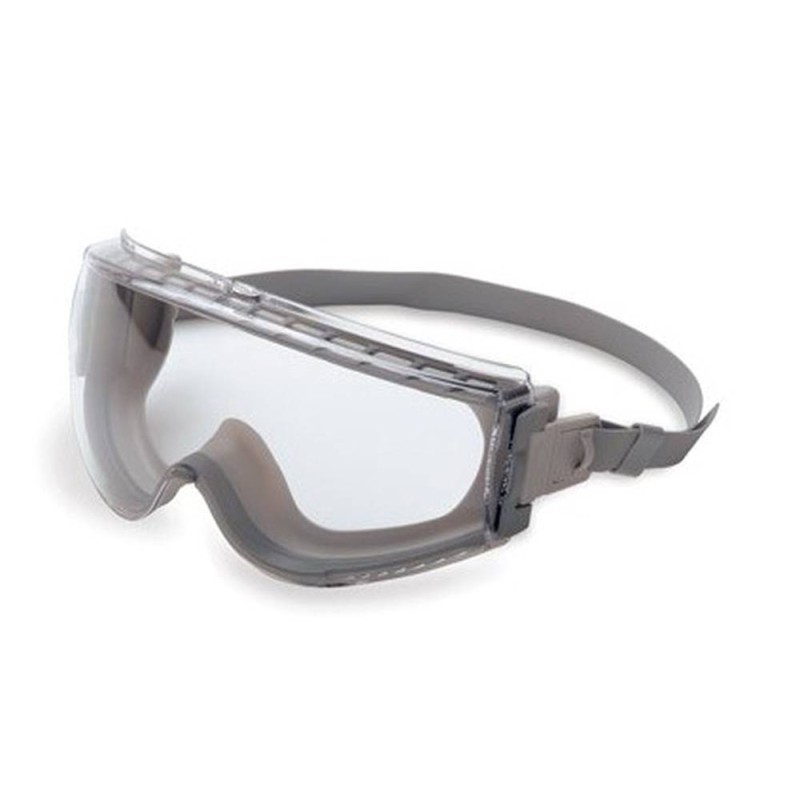 UVEX Stealth gray safety goggles with clear lens and neoprene headband.