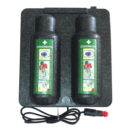 Heating cabinet for two bottles of Cederroth eyewash solution, 500 ml format.