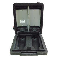 Heating cabinet for two bottles of Cederroth eyewash solution, 500 ml format.