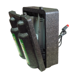 Heating cabinet for two bottles of Cederroth eyewash solution, 500 ml format.