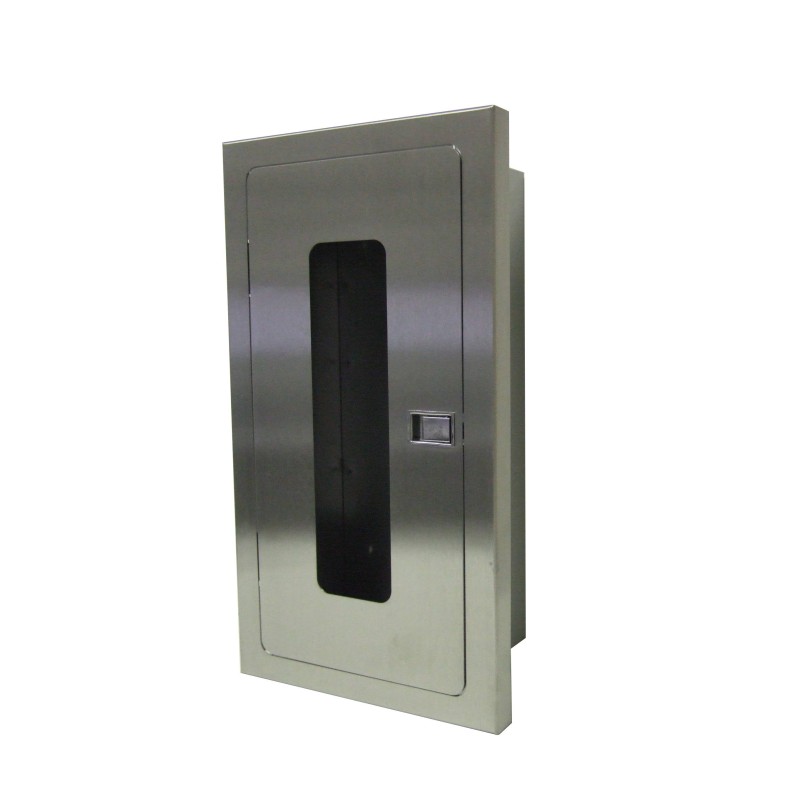 Semi-recessed stainless steel cabinet for 5 lbs powder fire extinguishers. Great for food industry.