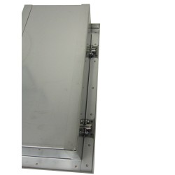 Semi-recessed stainless steel cabinet for 5 lbs powder fire extinguishers. Great for food industry.