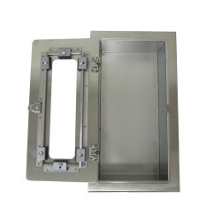 Semi-recessed stainless steel cabinet for 5 lbs powder fire extinguishers. Great for food industry.