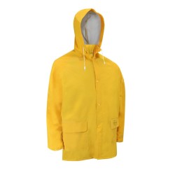 Yellow PVC three-piece rain suit (coat, hood, bib overalls), size large (L).