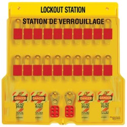 Station de verrouillage avec cadenas stratifiés 20 cadenas, 4 moraillons et 48 étiquettes danger ne pas opérer (bilingue).