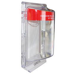 Couvert en polycarbonate transparent pour station d'alarme manuelle avec fils encastrés.