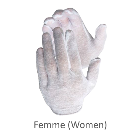 Gants d’inspection en coton mince, couleur blanche, grandeur pour femmes.