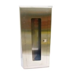 Semi-recessed built-in stainless steel cabinet for 10 lbs powder fire extinguishers. Great for food industry.