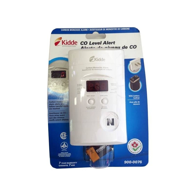 Digital CO (carbon monoxide) detector, with wall plug for 120 V AC and 9 V battery back-up.