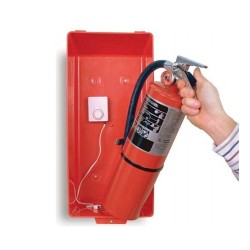 Cabinet alarm for portable fire extinguisher, great for reducing extinguisher theft.