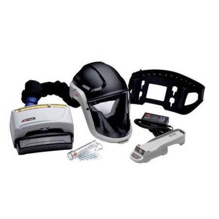 3M TR-600 Versaflo powered air purifying respirator for industrial work. Hard hat facepiece and protective factor of 25.