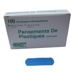 Pansements en plastique bleu détectables, 2.5 x 7.5 cm (1 x 3 po), 100/bte.
