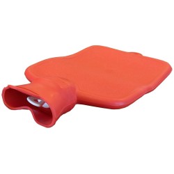 Red rubber hot water bottle for heat therapy, capacity 2 liters (0.55 US gallons).
