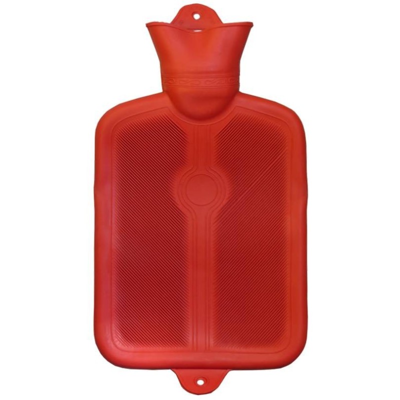 Red rubber hot water bottle for heat therapy, capacity 2 liters (0.55 US gallons).