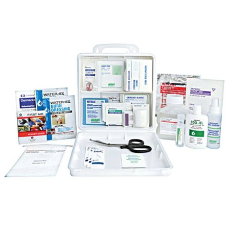 Burn first aid kit with 30 types of items, in portable plastic case.