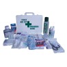 Chemical burn first aid kit with 31 types of items, in plastic case.