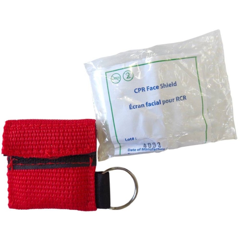 Écran facial pour réanimation (RCR) avec valve dans une poche porte-clés.