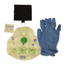 CPR kit (facial shield, gloves, towelette) in a belt pouch with key ring.