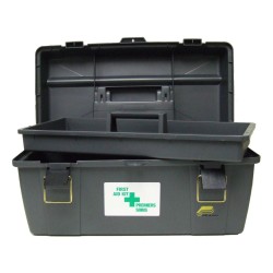 Utility first aid box in black high-impact plastic.