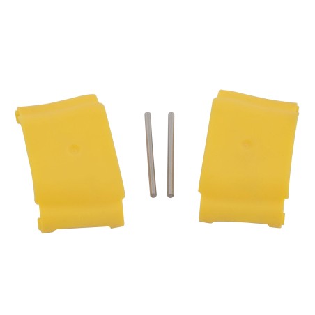Yellow plastic fly-away sprayhead caps for Bradley Halo eye wash stations.