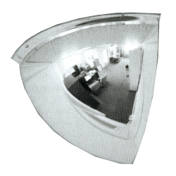 Acrylic quarter dome convex mirror, for installation indoors in a 90-degree corner.