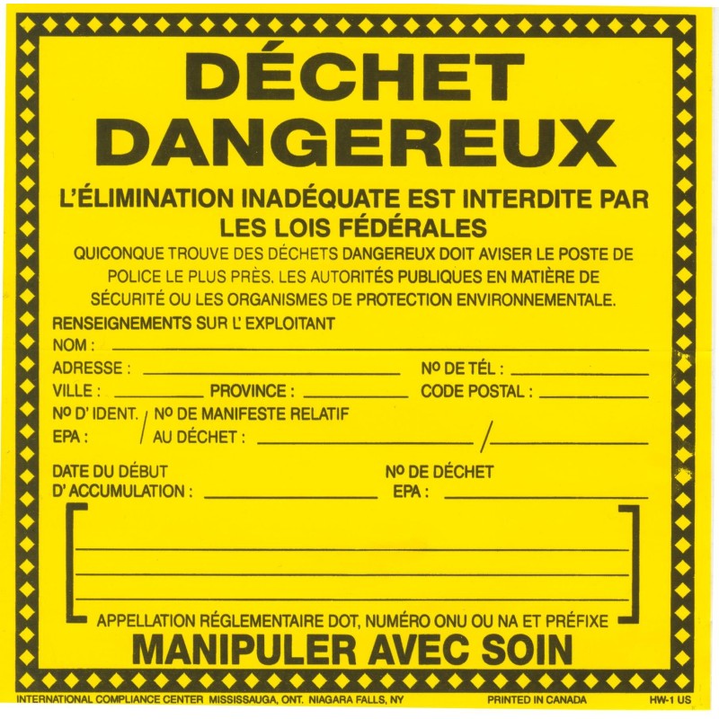 Étiquette collante subsidiaire en vinyle pour identifier les déchets dangereux. Facilite le transport sécuritaire. 15cm x 15cm.