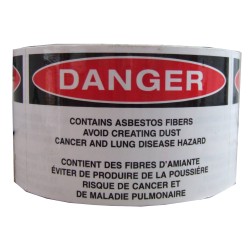 Étiquette bilingue autocollante en vinyle pour identifier les déchets volumineux d’amiante , 5"X 3", rouleau de 500.