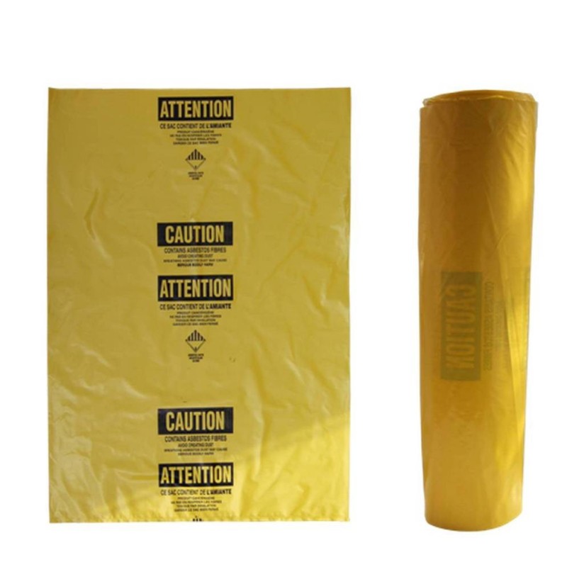 Sacs jaunes bilingues pour déchets d’amiante. Pour le transport de déchets dangereux. 26"x40", 100 sacs/rouleau.