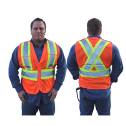 Fluorescent orange safety vest, adjustable M-XXL, CSA Z96 class 2, 100% polyester, 4 pockets.