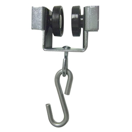 Roller for track of curtain, nylon castors with S hook, riveted castor to steel frame.