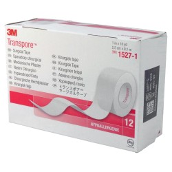 Transpore breathable hypoallergenic adhesive tape. Dimensions: 1-in. x 30-ft./2.5 cm x 9 m