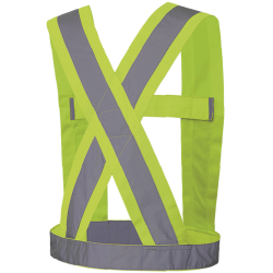 Hi-viz traffic sash, fluorescent yellow with retroreflective stripes, CSA Z96-15 class 1 level 2.