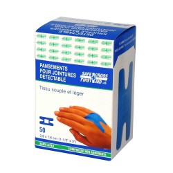 Blue fabric detectable bandages for knuckles, 3.8 x 7.5 cm (1.5 x 3 in), 50/box.