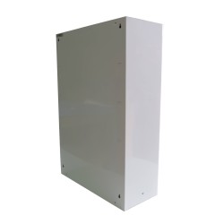 Wall-mounted metal first aid cabinet with solid door panel and lock with 2 keys.