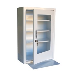 Wall-mounted metal first aid cabinet with acrylic door panel and lock with 2 keys.
